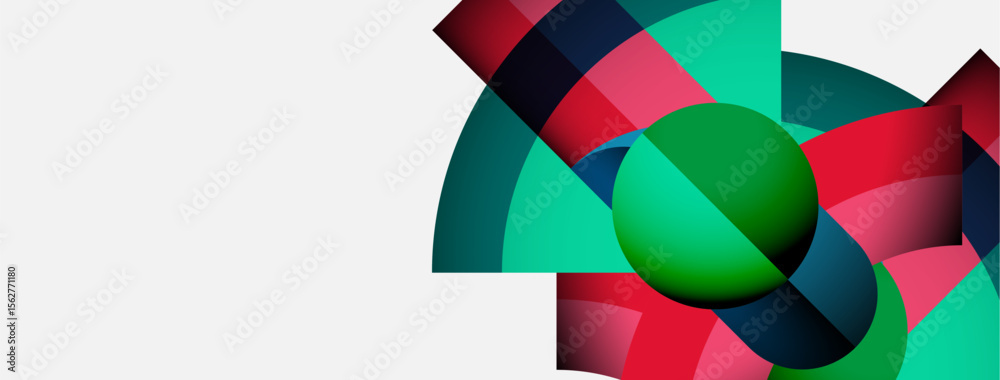 Poster Abstract composition features overlapping colorful circles, sphere, shapes. Minimalist design with white background creates modern aesthetic.