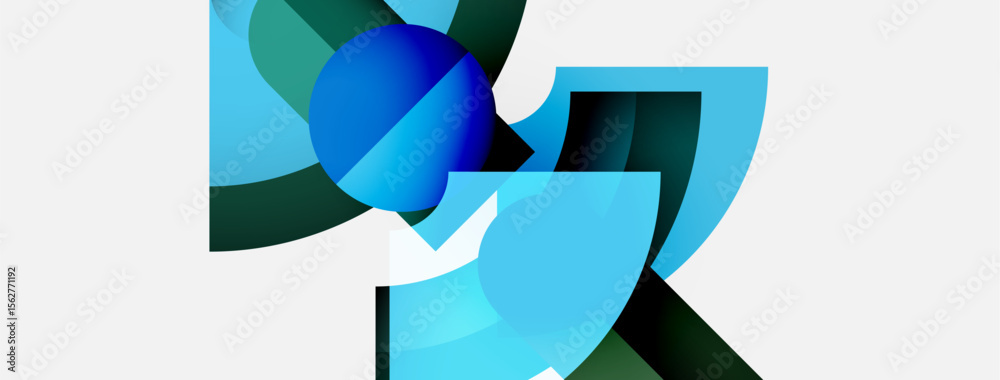 Poster Abstract composition features overlapping blue, green shapes. Minimalist design with soft gradients, clean lines, white background. Modern aesthetic.