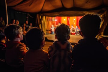 Fototapeta premium Children watching a performance in a tent. Kids seated in the dark, looking at a stage with performers. Warm, orange light from stage