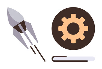 Rocket launching with propulsion beside a large gear and progress bar. Ideal for innovation, startup growth, technology development, efficiency, workflow, process optimization, simple flat metaphor