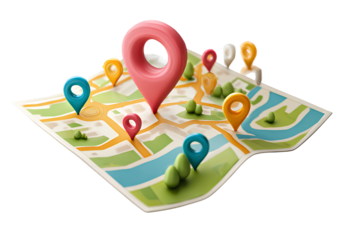 3D cartoon map with location pins icon on a transparent background