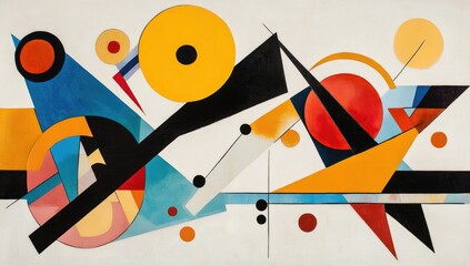 Abstract painting with vibrant geometric shapes.  