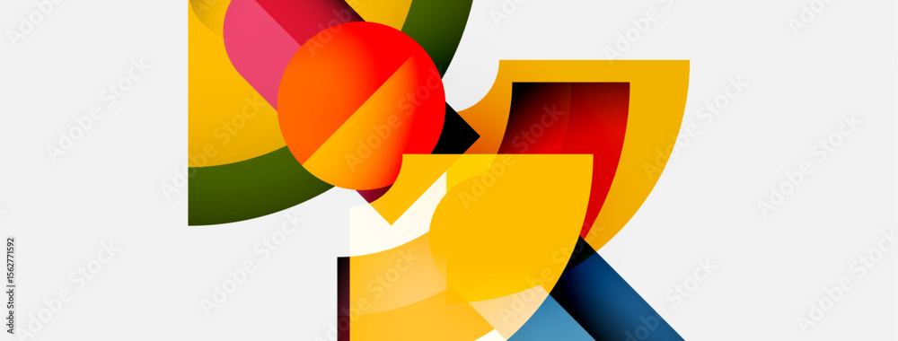 Poster abstract geometric shapes overlap, creating vibrant color blocks. composition features yellow, orang