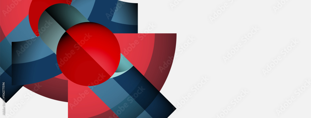 Poster Abstract geometric shapes, red sphere dominates composition. Blue, gray tones create dynamic visual interest. Minimalist design, clean aesthetic.