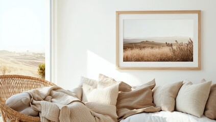 Beige, rustic-style living room with framed landscape art