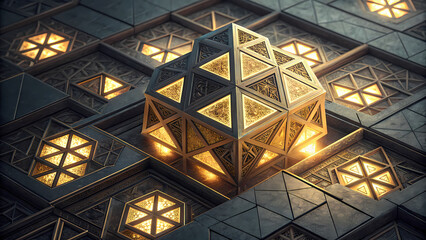 Fototapeta premium Abstract geometric art design with golden triangles and intricate patterns for modern background designs