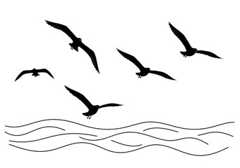 Naklejka premium Minimalist vector of seagulls flying over the ocean waves, Seabirds in a simple illustration with black background and white outlines