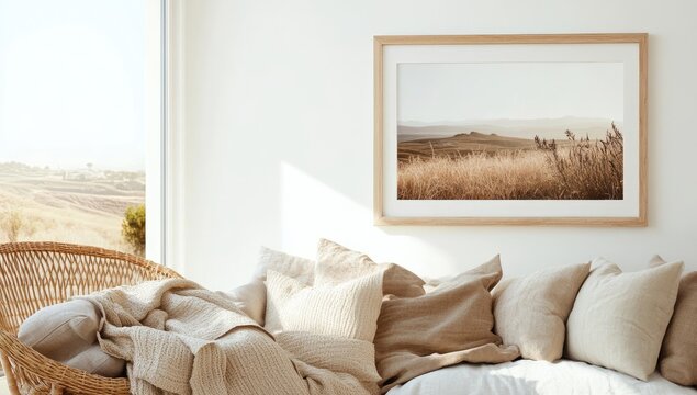 Beige, rustic-style living room with framed landscape art