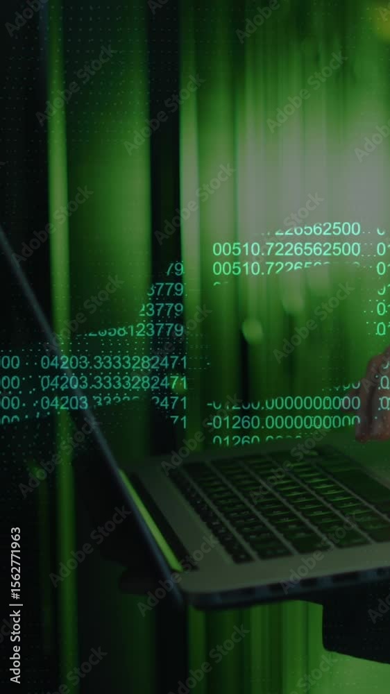 Poster animation of chain and data processing over male it engineer using laptop by computer servers