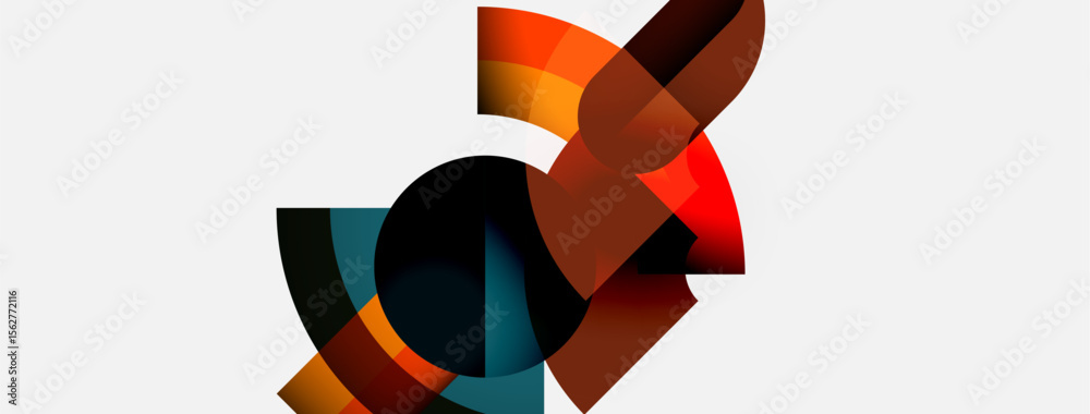 Poster Abstract geometric shapes overlap, creating dynamic composition. Warm colors contrast cool tones on white background. Modern design.