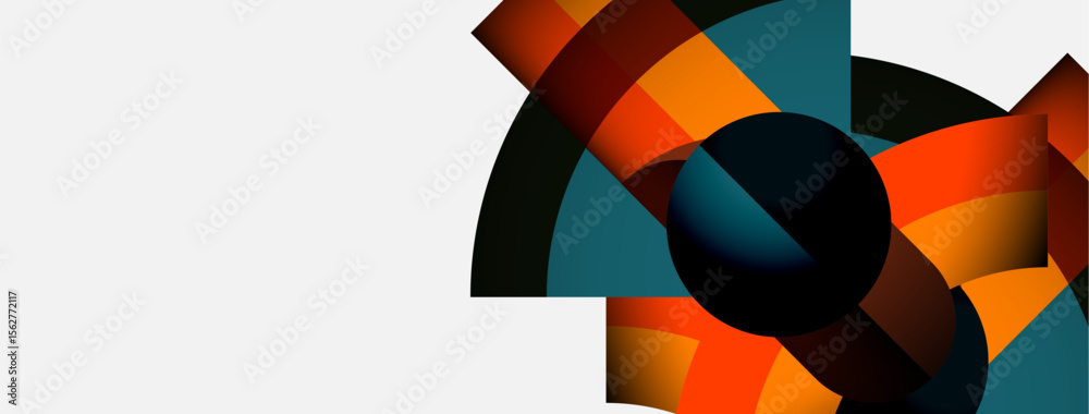 Poster Abstract geometric composition. Colorful arcs, circles create dynamic visual impact. Modern design, clean lines, contrasting shades.