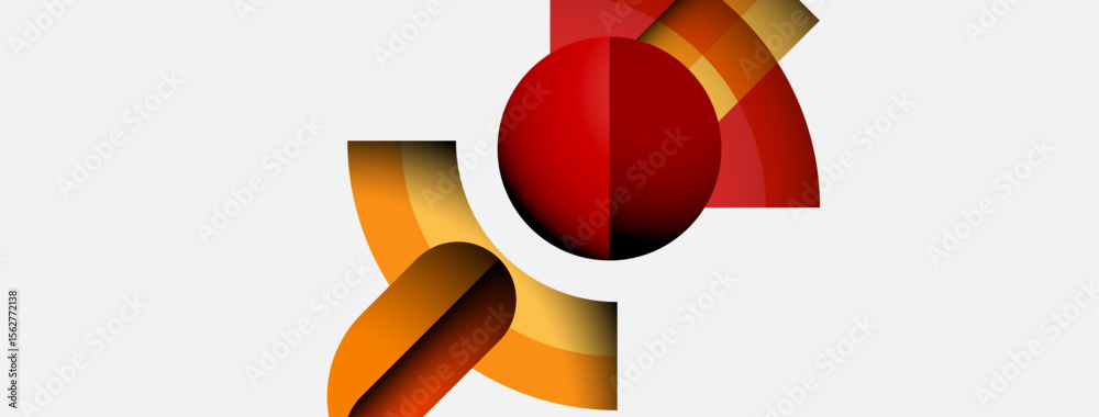 Poster abstract shapes, warm colors dominate composition. red sphere intersects curved orange elements. min