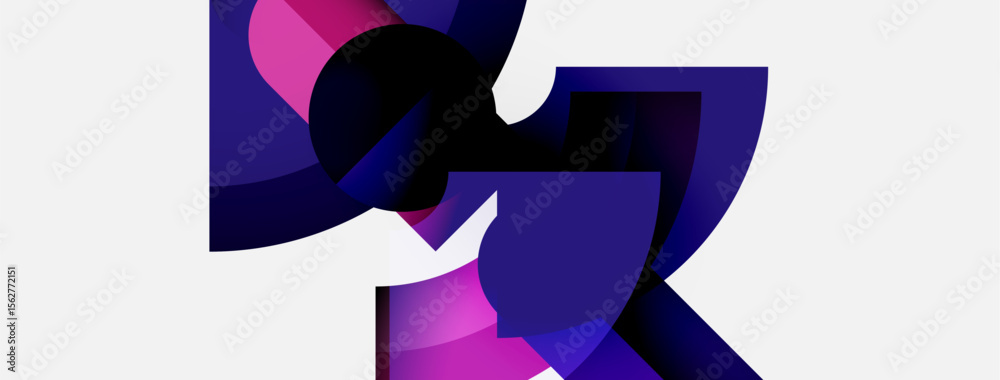 Poster abstract shapes overlap, creating dynamic composition. purple, pink hues dominate white background. 