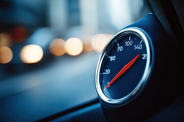 Close-up of a car's dashboard gauge.  Blurred city lights visible