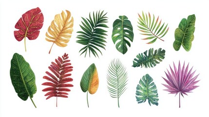 A colorful collection of tropical leaves, including palm, monstera, and snake plant, arranged in a grid pattern against a white background.