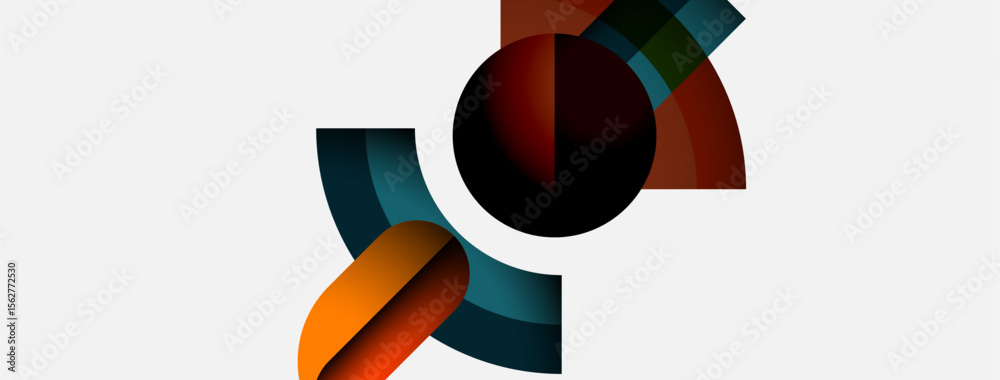 Poster Abstract geometric shapes overlap, creating dynamic composition. Colors include orange, teal, maroon, black, white. Minimalist design evokes modern aesthetic.