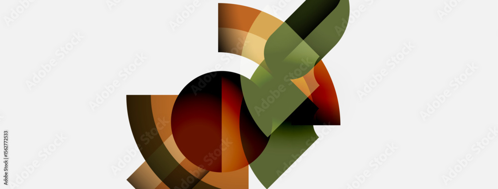 Poster abstract geometric shapes overlap, creating complex composition. warm colors dominate, with muted gr