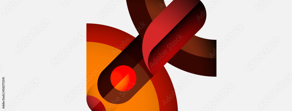 Poster abstract design features curved ribbons, warm colors, red sphere. modern aesthetic, simple compositi