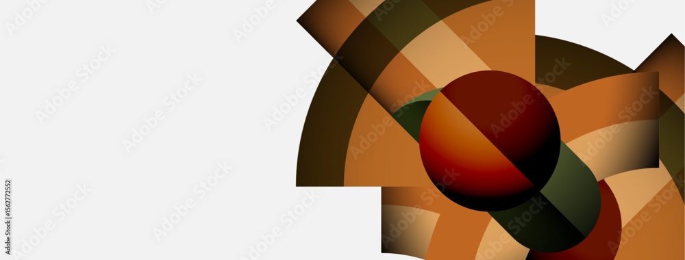 Poster Abstract geometric composition. Warm colors dominate, featuring rounded shapes, overlapping forms, plus negative space. Modern design element.