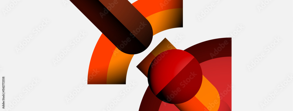 Poster Abstract composition featuring curved shapes, warm colors, red sphere. Minimalist design with gradients, dynamic visual impact.