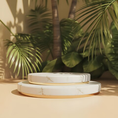 Elegant two tiered marble display stand with tropical palm leaves and soft lighting
