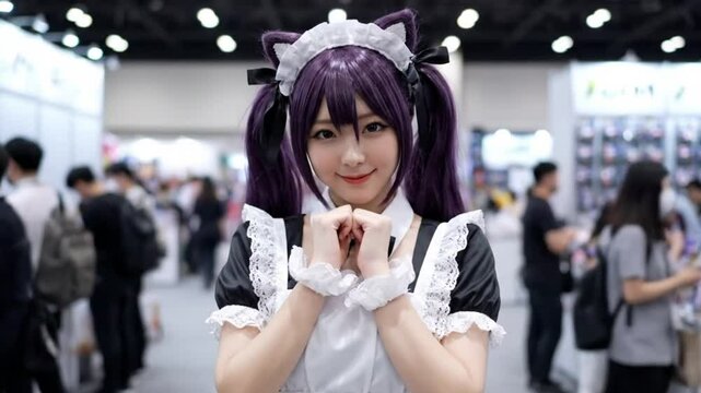Young Asian Woman in Maid Cosplay Smiling at Convention