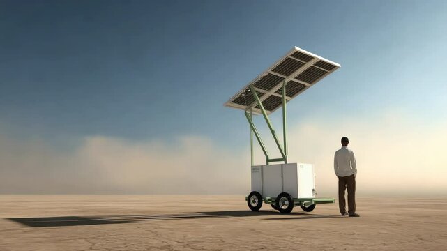 Solar panel trailer portable energy generator with clean technology and renewable power for desert landscapes, sustainable innovation, mobile outdoor environmental solutions, eco friendly portable