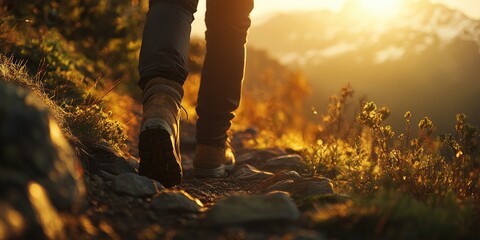 Hikers legs ascend a mountain trail at sunset