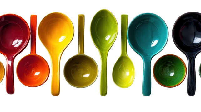 Vibrant collection of colorful measuring spoons in various sizes. transparent background