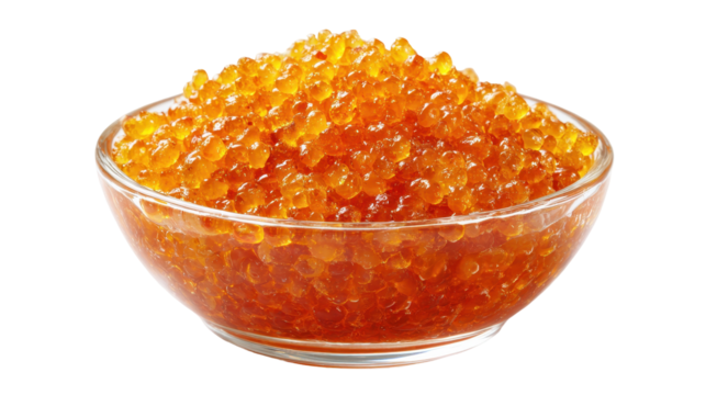 Vibrant orange fish roe in a glass bowl, perfect for gourmet dishes. transparent background