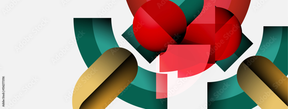 Poster abstract geometric shapes overlap, creating vibrant red, gold, teal composition. minimalist design, 
