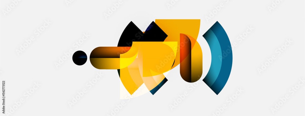Poster abstract geometric shapes overlap, creating dynamic composition. yellows, blues, blacks dominate des