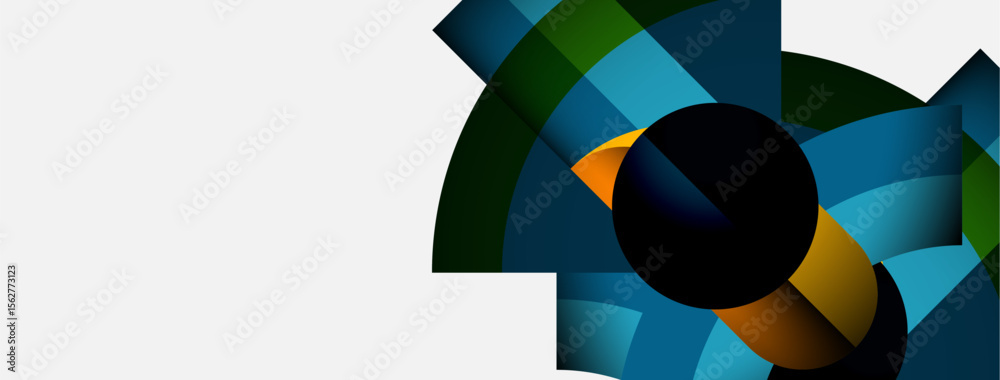 Aufkleber Abstract geometric design. Overlapping colorful shapes create dynamic visual impact. Black circle centers composition. Clean, modern aesthetic.