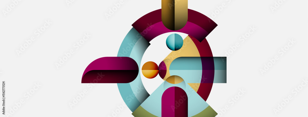 Poster Abstract geometric composition. Shapes overlap, creating dynamic visual interest. Colors blend, forming modern design.