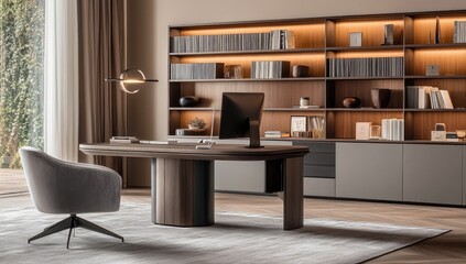 Modern, minimalist office space with wooden desk and bookshelves