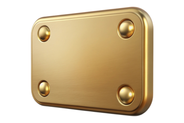 Rectangular golden plate with rounded corners and four rivets isolated on transparent background