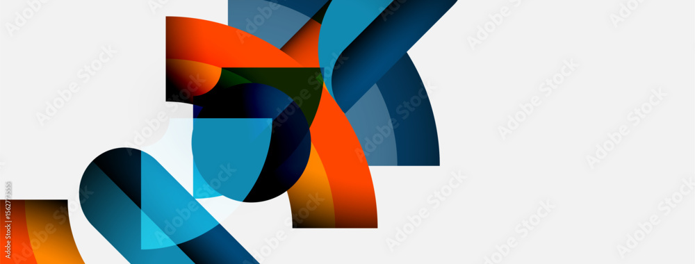 Poster Abstract shapes overlap, creating dynamic composition. Blue, orange hues dominate white background. Modern design elements present.
