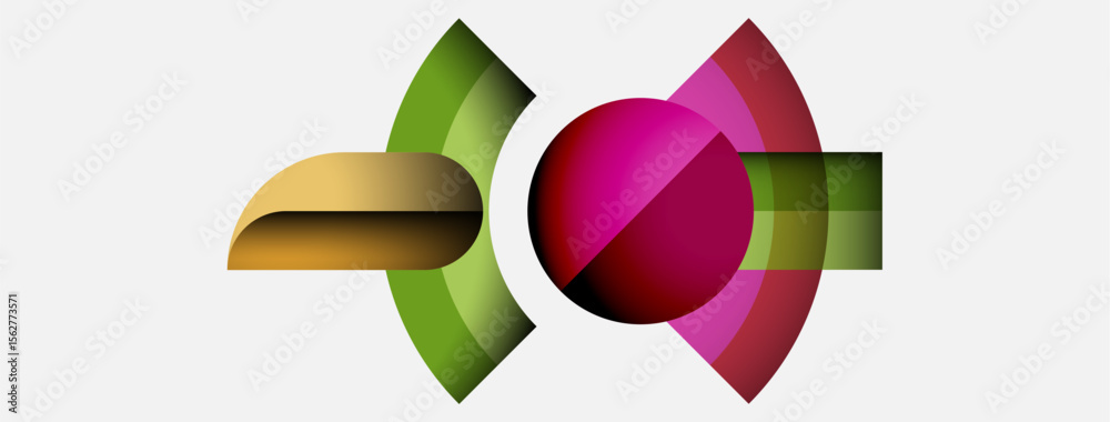 Poster Abstract design features overlapping colorful arcs, circles. Composition evokes dynamic movement, visual harmony. Bright hues create modern aesthetic.