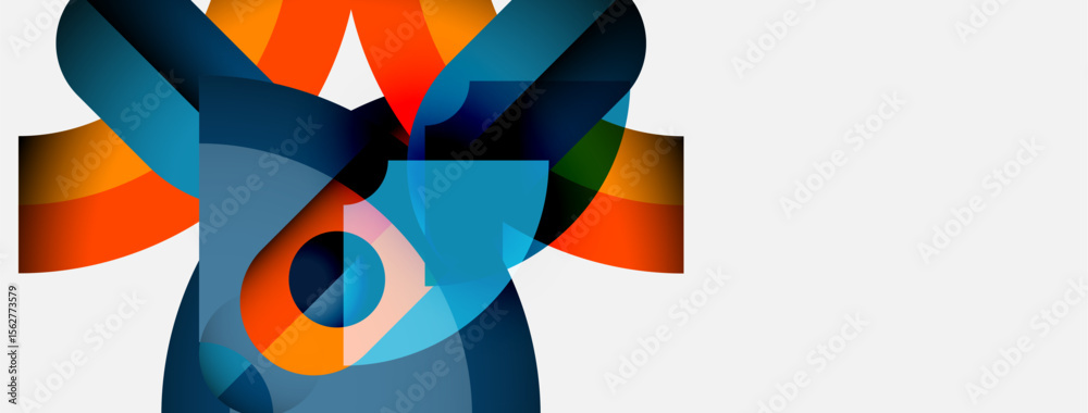 Poster Abstract geometric shapes overlap, creating vibrant color blends. Composition features orange, teal, gray tones. Modern design element.