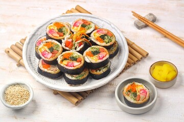Kimbap or also known as gimbap is a typical Korean rice roll