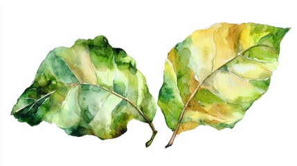 Naklejka premium Two green leaves with yellow edges, one with a brown stem, against a white background.