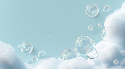a clean product background, delicate soap foam, floating translucent soap bubbles throughout the scene, empty space in the center for product, minimal and clean atmosphere.