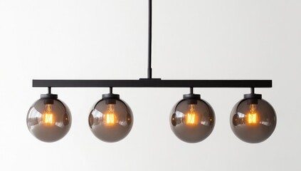 A modern, black, linear pendant light with four frosted glass globes