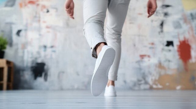 Person Walking in Casual Outfit with Focus on Footsteps - Powered by Adobe