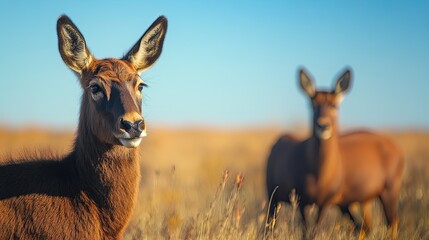 Fototapeta premium Red deer grassland portrait with sunset.