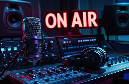 Professional radio studio workspace, illuminated with vibrant neon colors.  Microphone, headphones, audio equipment, and a "ON AIR" sign