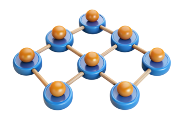 Abstract network structure with orange spheres and blue nodes isolated on transparent background