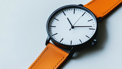 Close-up of a minimalist wristwatch with a bright orange leather band.  Clean, modern design.  White face, black hands and markers.  Simple timepiece