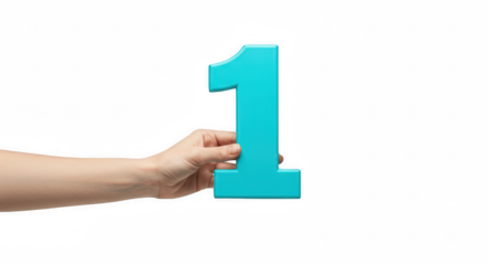 Hand Holding a Bold Cyan Number 1 Isolated on a Transparent PNG Background , Hand, number, one, digit, numeral, figure, cyan, turquoise, blue, holding, showing, presenting