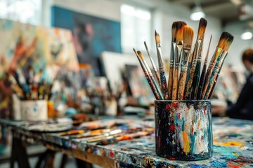 Paintbrushes in a container on a table in an art studio.  Various sizes and colors of paintbrushes,  in a dark container,  stand out against a table covered in colorful paint splatters and canvases. 